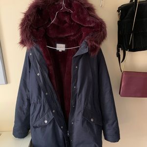 Loft navy parka with maroon faux fur
